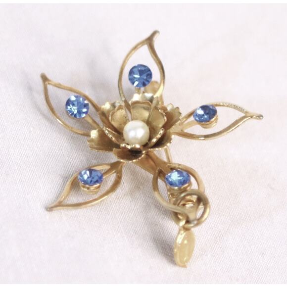 Starburst Flower Brooch Gold Tone Open Metal Blue and Pearly Stones - Picture 6 of 10